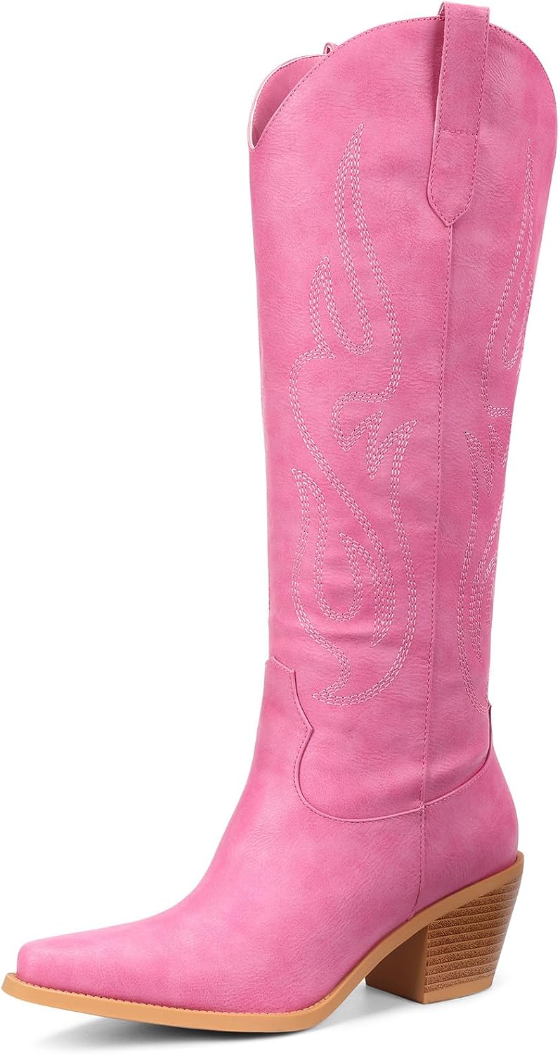 Women's Knee High Cowgirl Boots - Wide Calf, Pointed Toe and Chunky Heel Pull On Tall Boots for Parties - 9