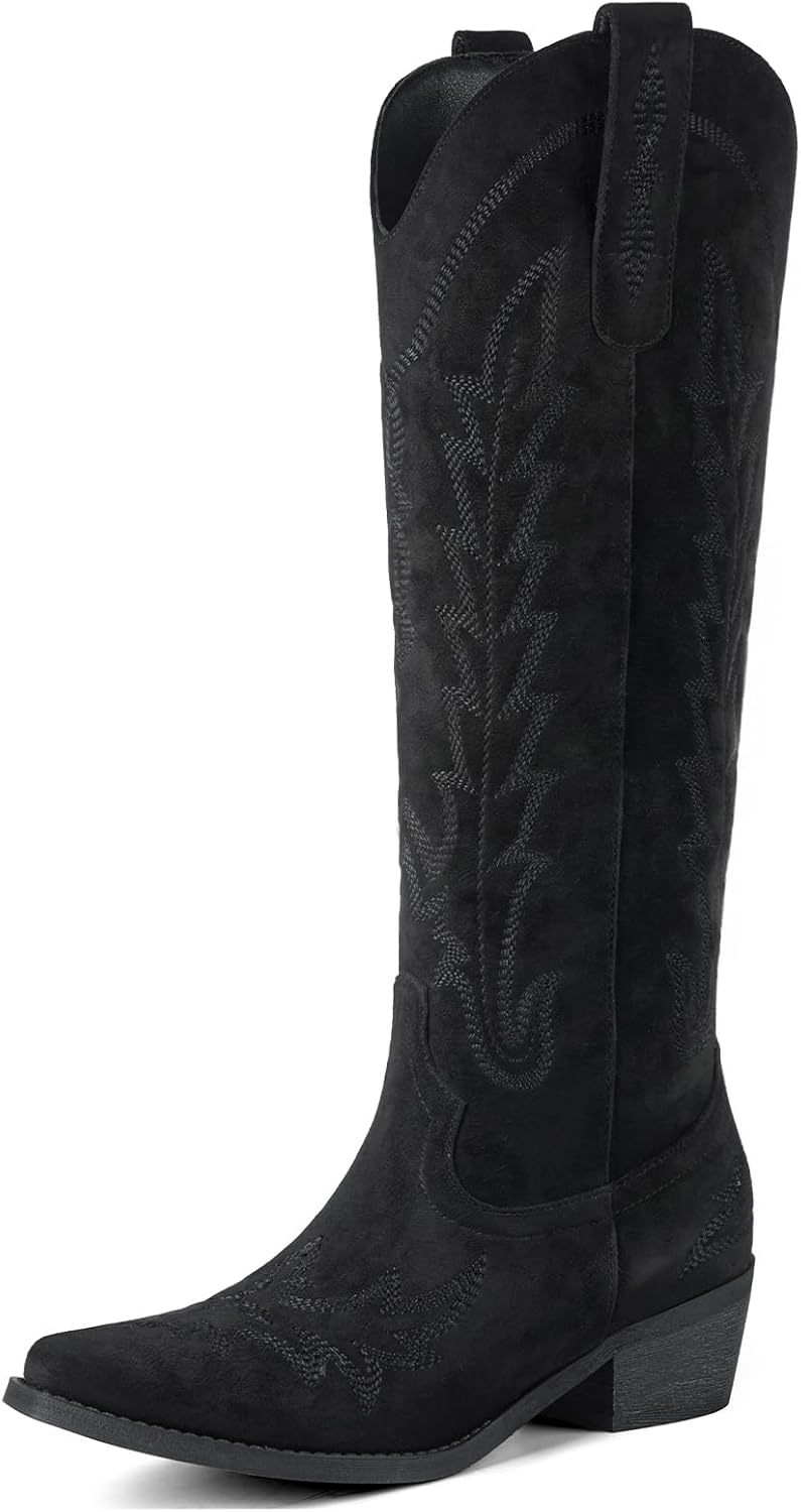 Women's Knee High Cowgirl Boots - Pointed Toe, Chunky Heel and Side Zipper Tall Shafts for Country Events - 6