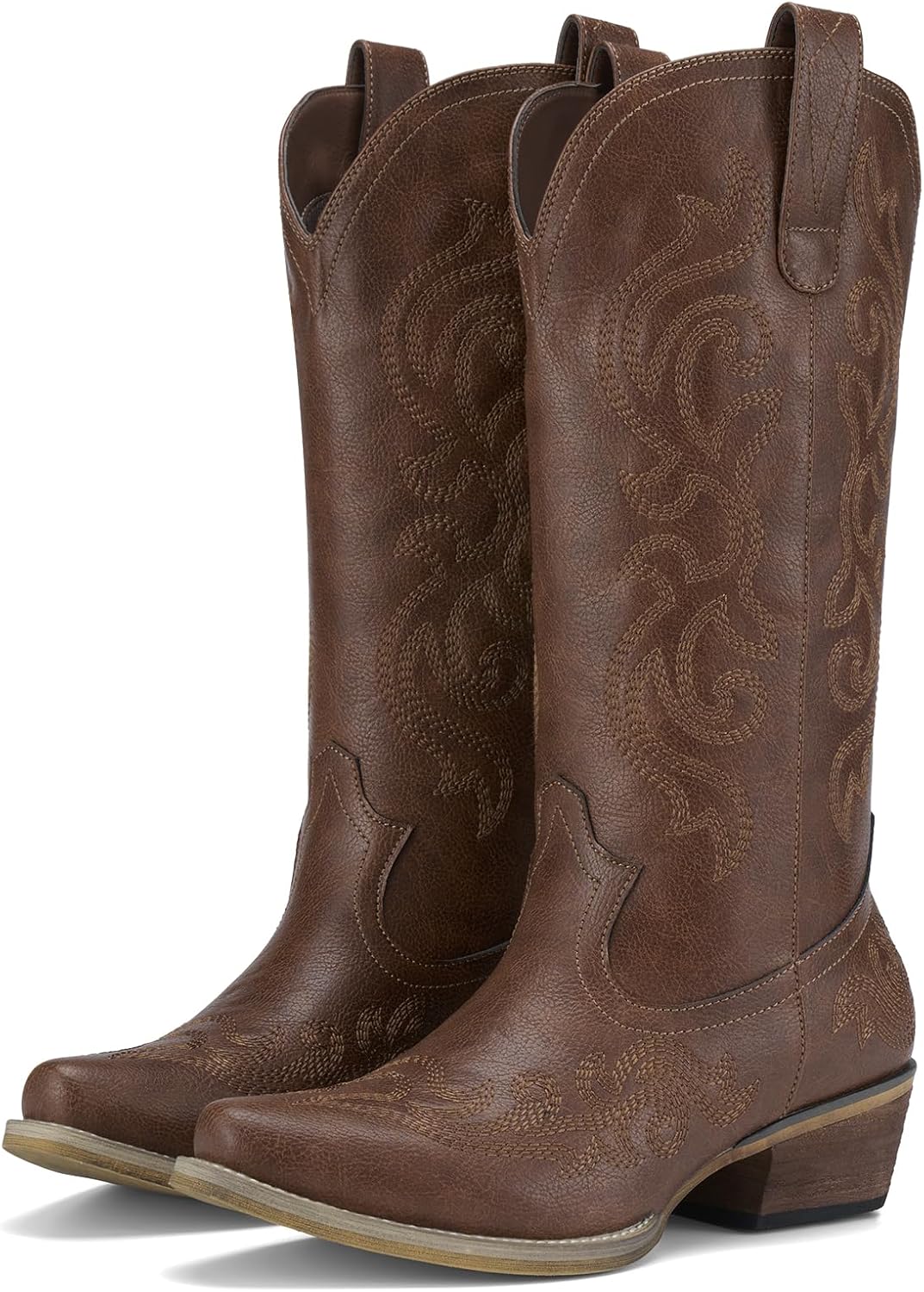 Women's Floral Embroidered Cowgirl Boots - Snip Toe, Wooden Chunky Heel and Pull Up Tabs for Western Nights - 6