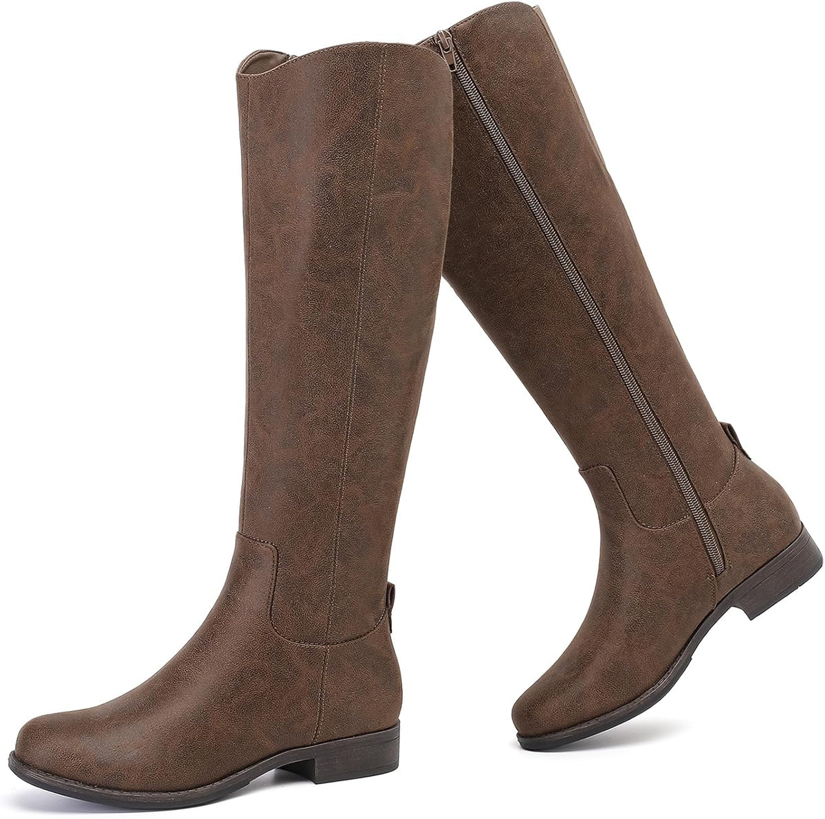 Women's Faux Leather Knee High Riding Boots - Round Toe, Side Zipper and Flat Sole for Daily Wear - 6