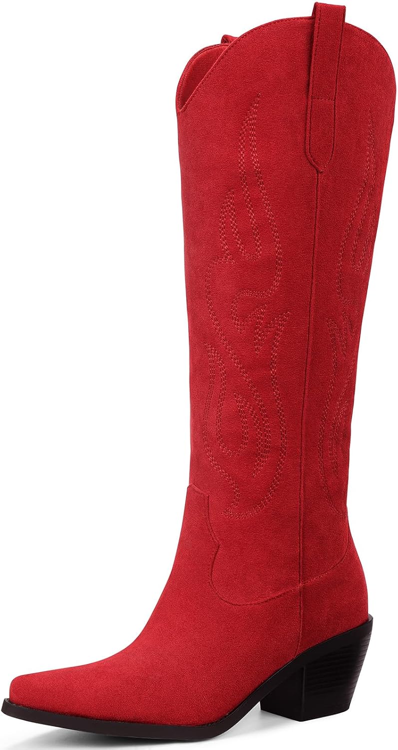 Women's Knee High Cowgirl Boots - Wide Calf, Pointed Toe and Chunky Heel Pull On Tall Boots for Parties - 8 Wide