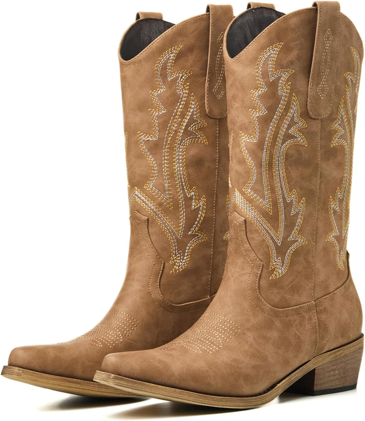 Women's Embroidered Cowgirl Boots - Mid Calf Shafts with Chunky Heel for Country Festivals and Daily Wear - 6