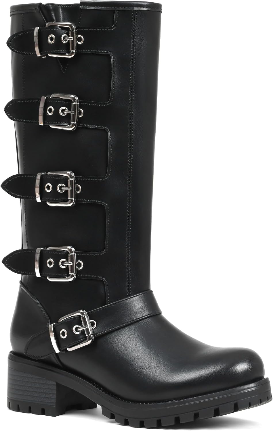 Women's Buckle Moto Knee High Boots - Square Toe, Pull On Tall Shafts and Chunky Low Heel for Fall Outfits - 7 (14)