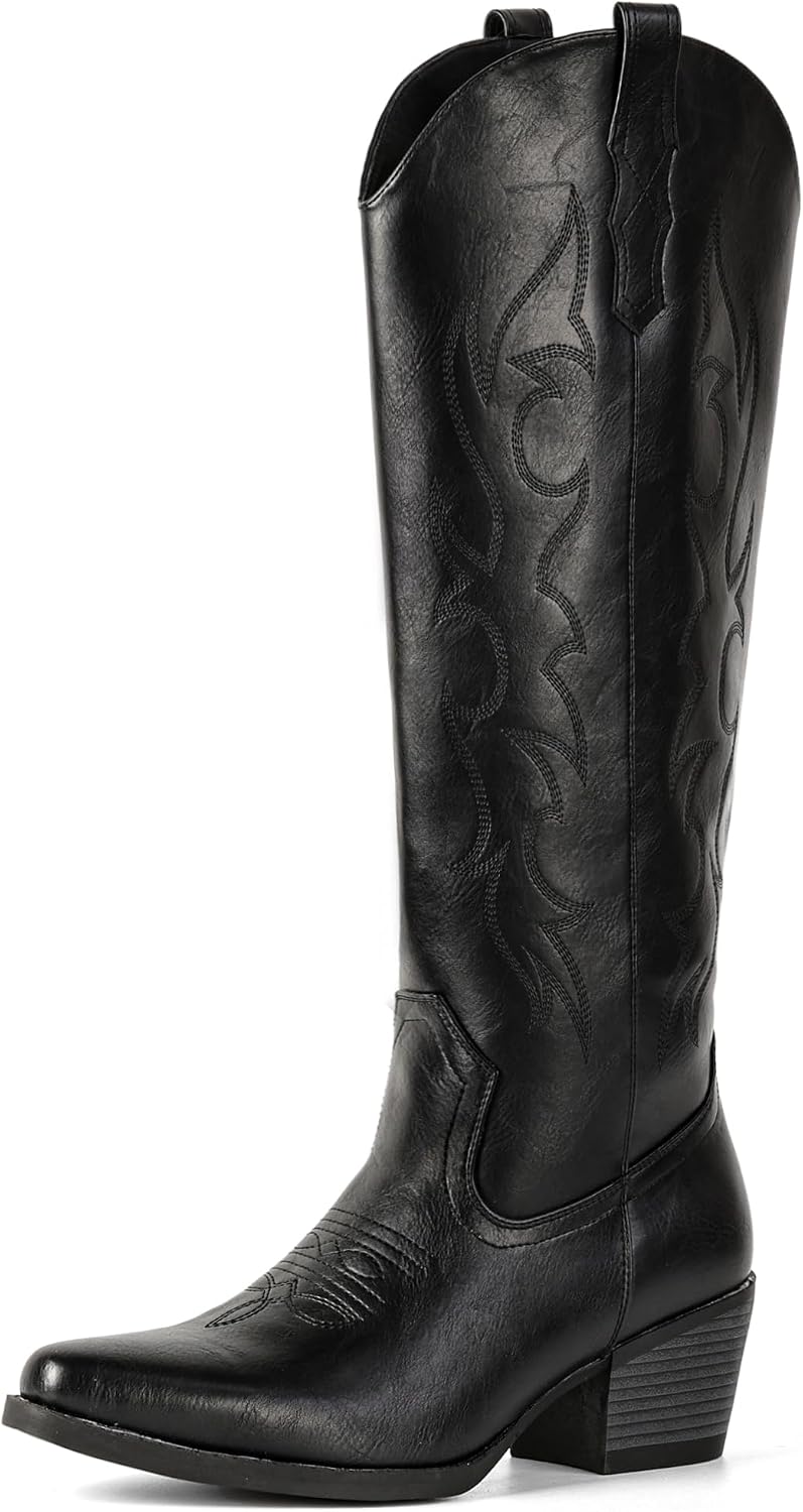 Women's Embroidered Knee High Cowgirl Boots - Wide Calf, Pointed Toe and Chunky Heel for Concerts and Parties - 10