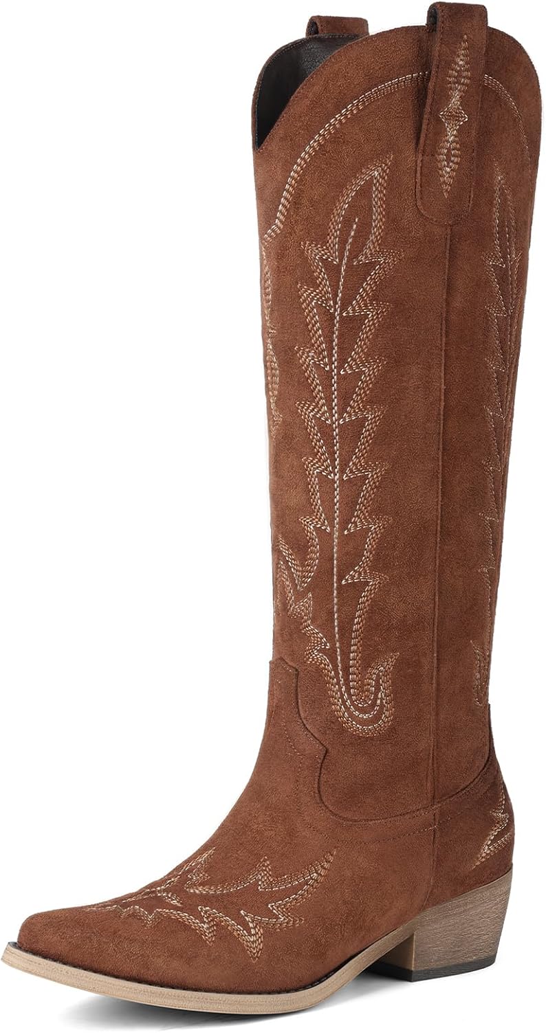 Women's Knee High Cowgirl Boots - Pointed Toe, Chunky Heel and Side Zipper Tall Shafts for Country Events - 7