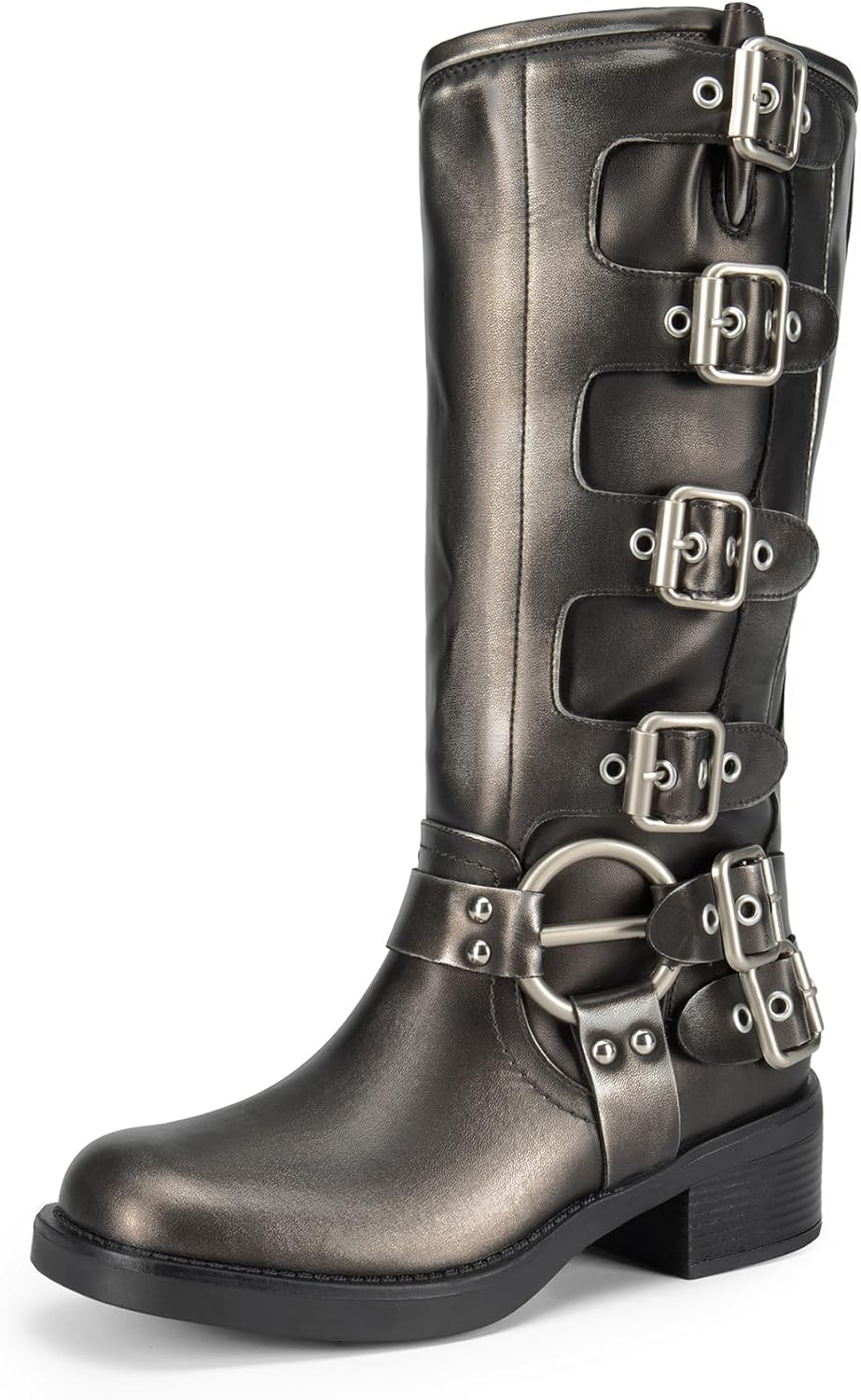 Women's Biker Knee High Boots - Adjustable Buckles, Square Toe and Low Chunky Heel Tall Shafts for Daily Wear - 6
