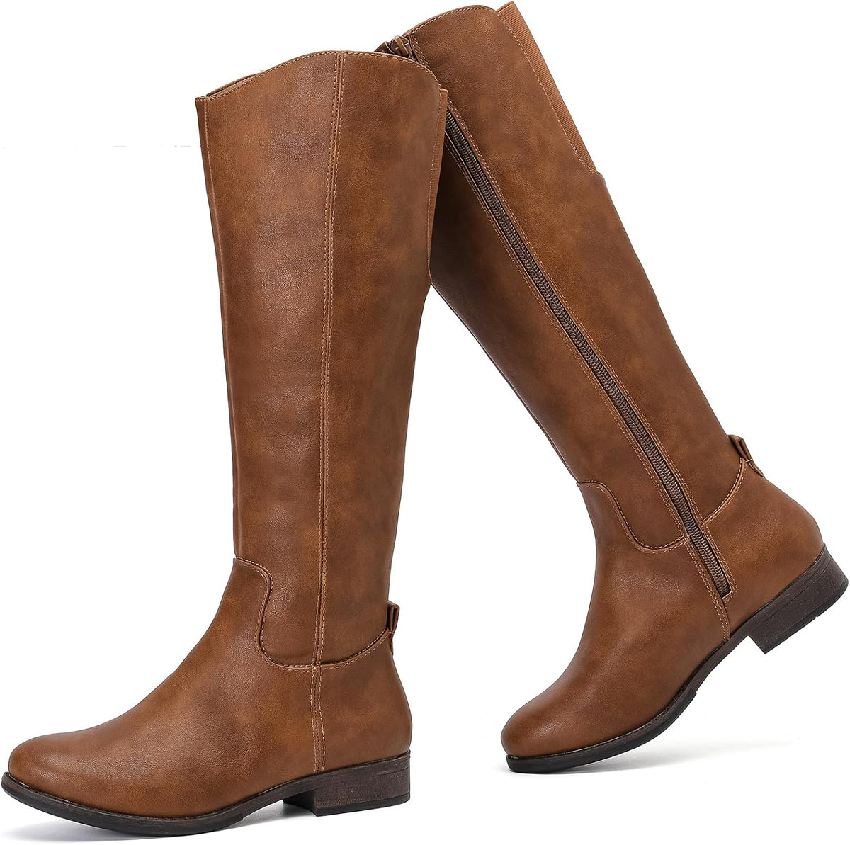 Women's Faux Leather Knee High Riding Boots - Round Toe, Side Zipper and Flat Sole for Daily Wear - 6