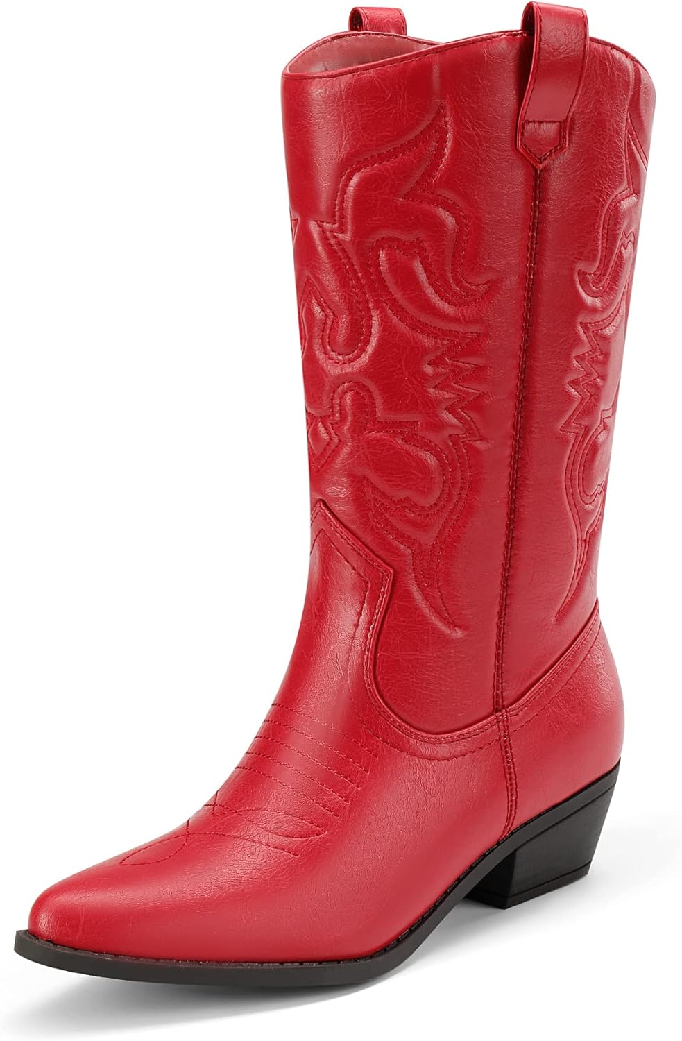 Women's Cowgirl Western Boots - Mid Calf Shafts, Pointed Toe and Low Chunky Heel for Country Music Festivals - 8