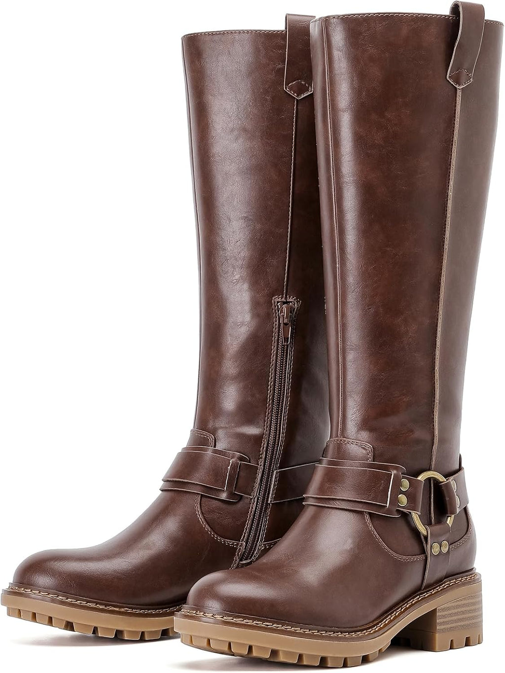 Women's Faux Leather Knee High Riding Boots - Round Toe, Side Zipper and Flat Sole for Daily Wear - 6