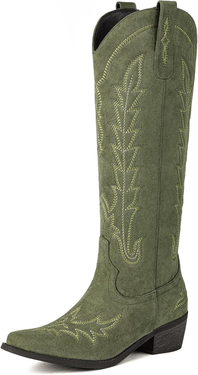 Women's Knee High Cowgirl Boots - Pointed Toe, Chunky Heel and Side Zipper Tall Shafts for Country Events - 7