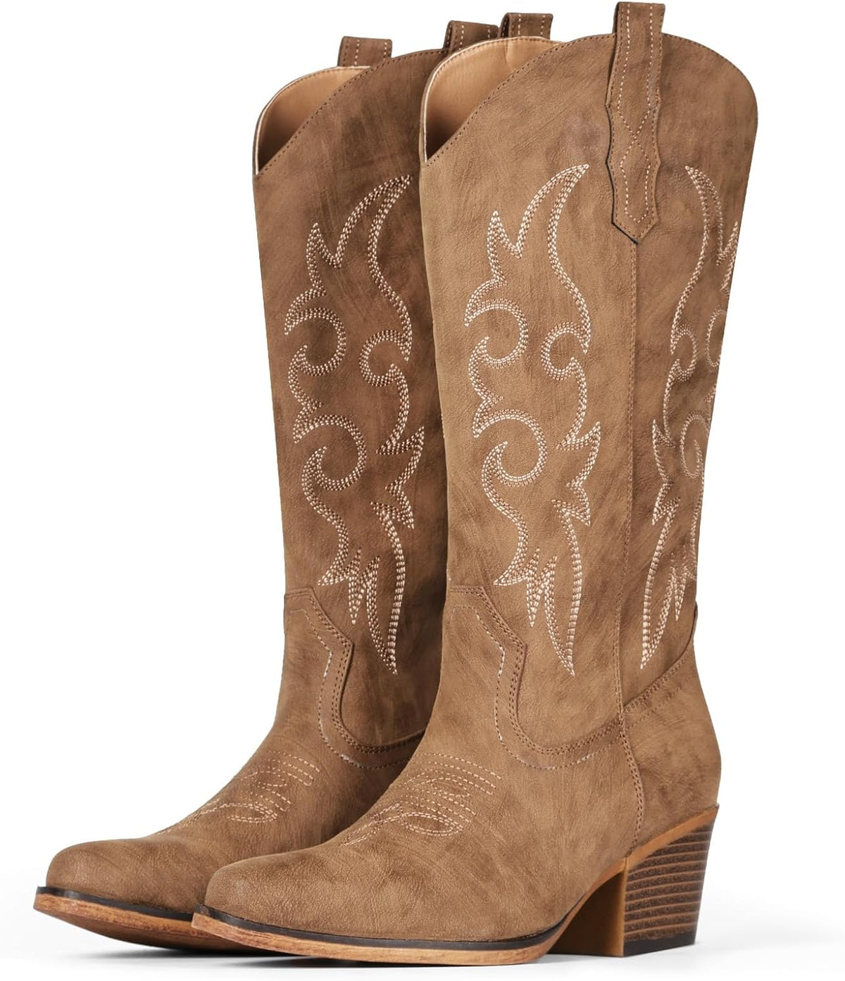Women's Embroidered Western Boots - Mid Calf Snip Toe, Chunky Heel and Easy Pull On Shafts for Rodeo Weekends - 8