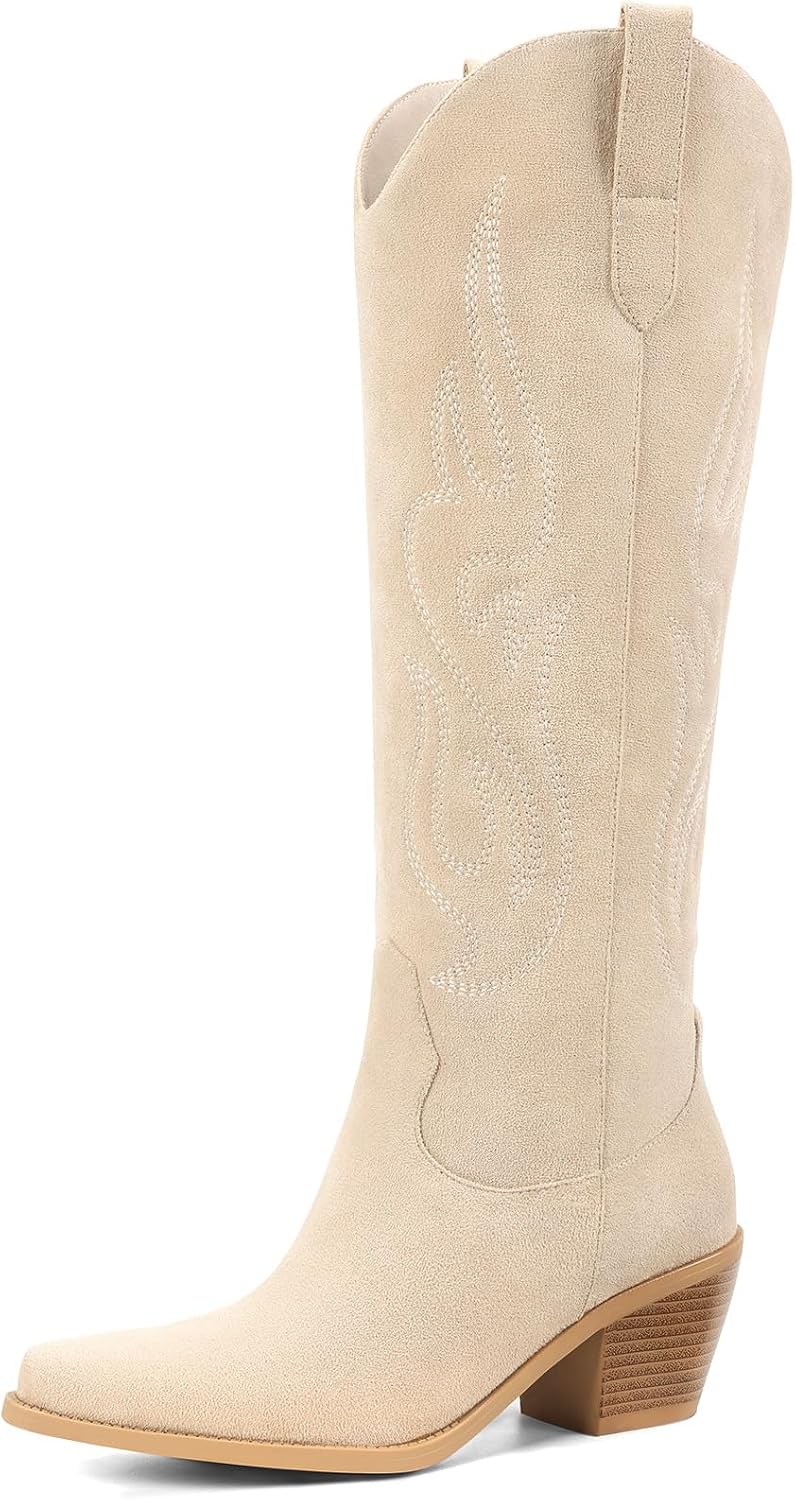 Women's Knee High Cowgirl Boots - Wide Calf, Pointed Toe and Chunky Heel Pull On Tall Boots for Parties - 8