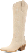 Women's Knee High Cowgirl Boots - Wide Calf, Pointed Toe and Chunky Heel Pull On Tall Boots for Parties - 8