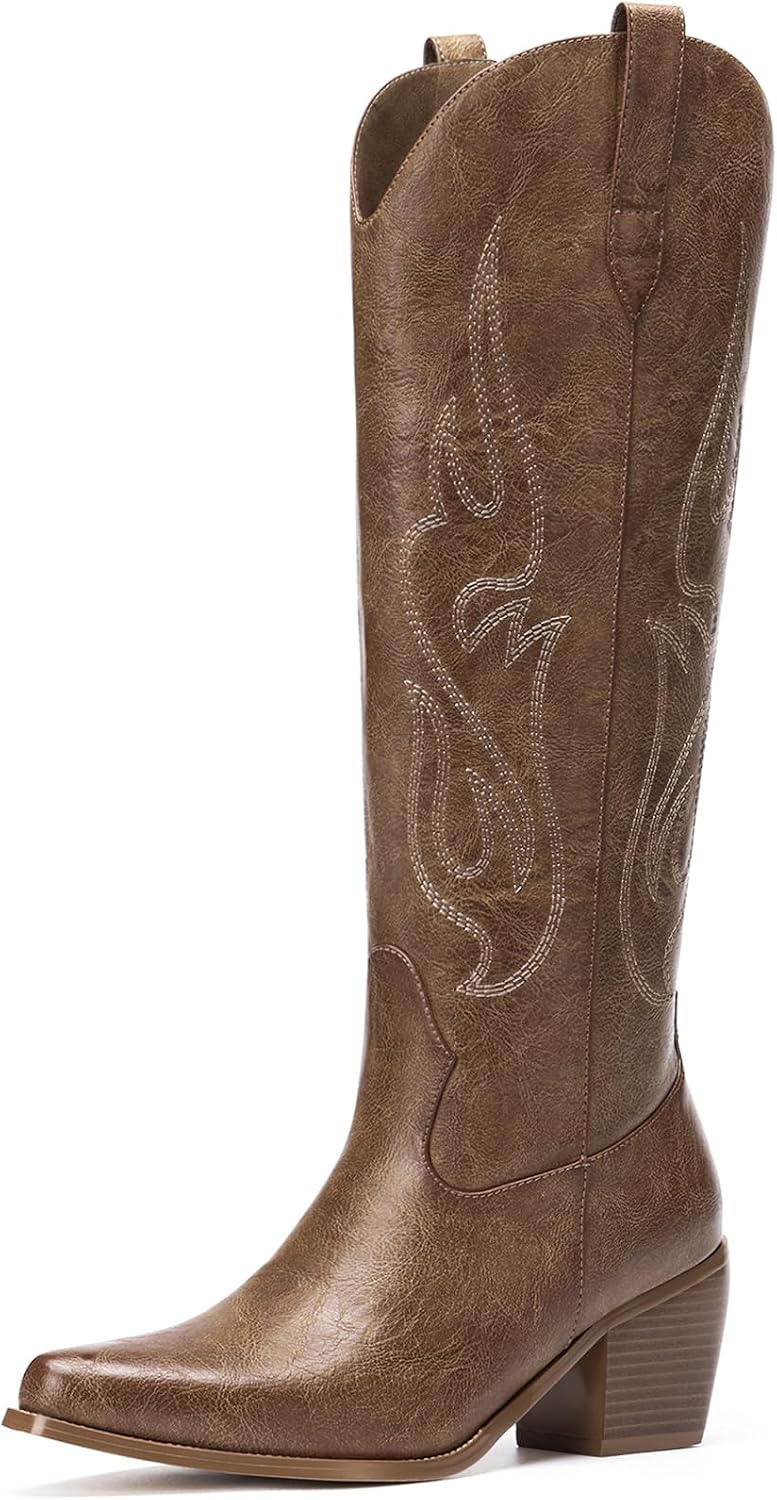 Women's Knee High Cowgirl Boots - Wide Calf, Pointed Toe and Chunky Heel Pull On Tall Boots for Parties - 9