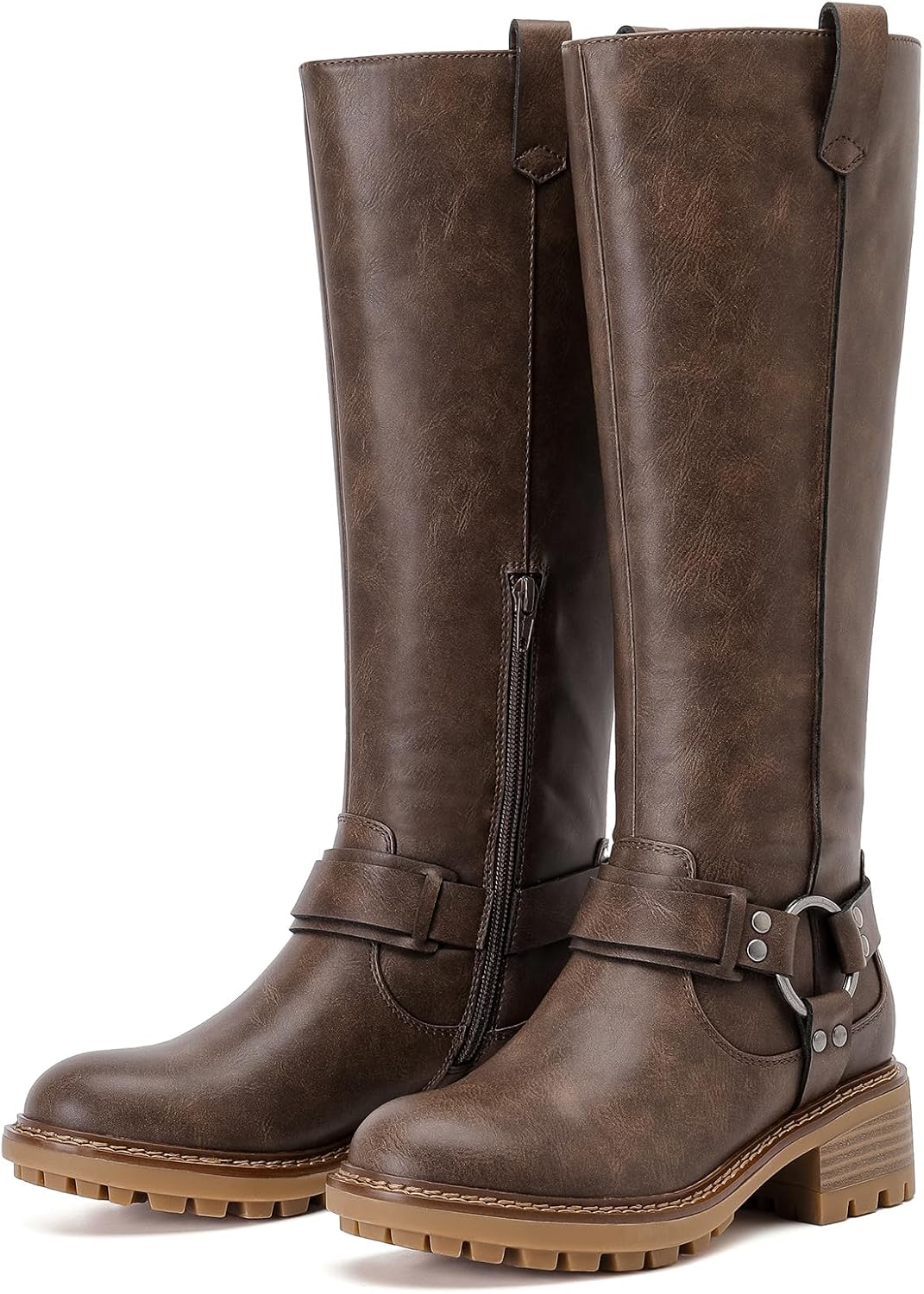 Women's Faux Leather Knee High Riding Boots - Round Toe, Side Zipper and Flat Sole for Daily Wear - 7