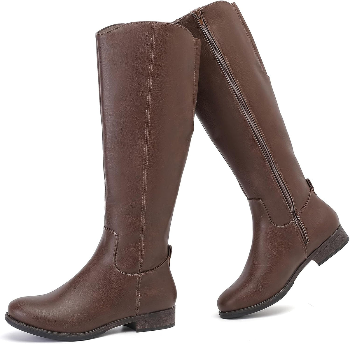 Women's Faux Leather Knee High Riding Boots - Round Toe, Side Zipper and Flat Sole for Daily Wear - 6