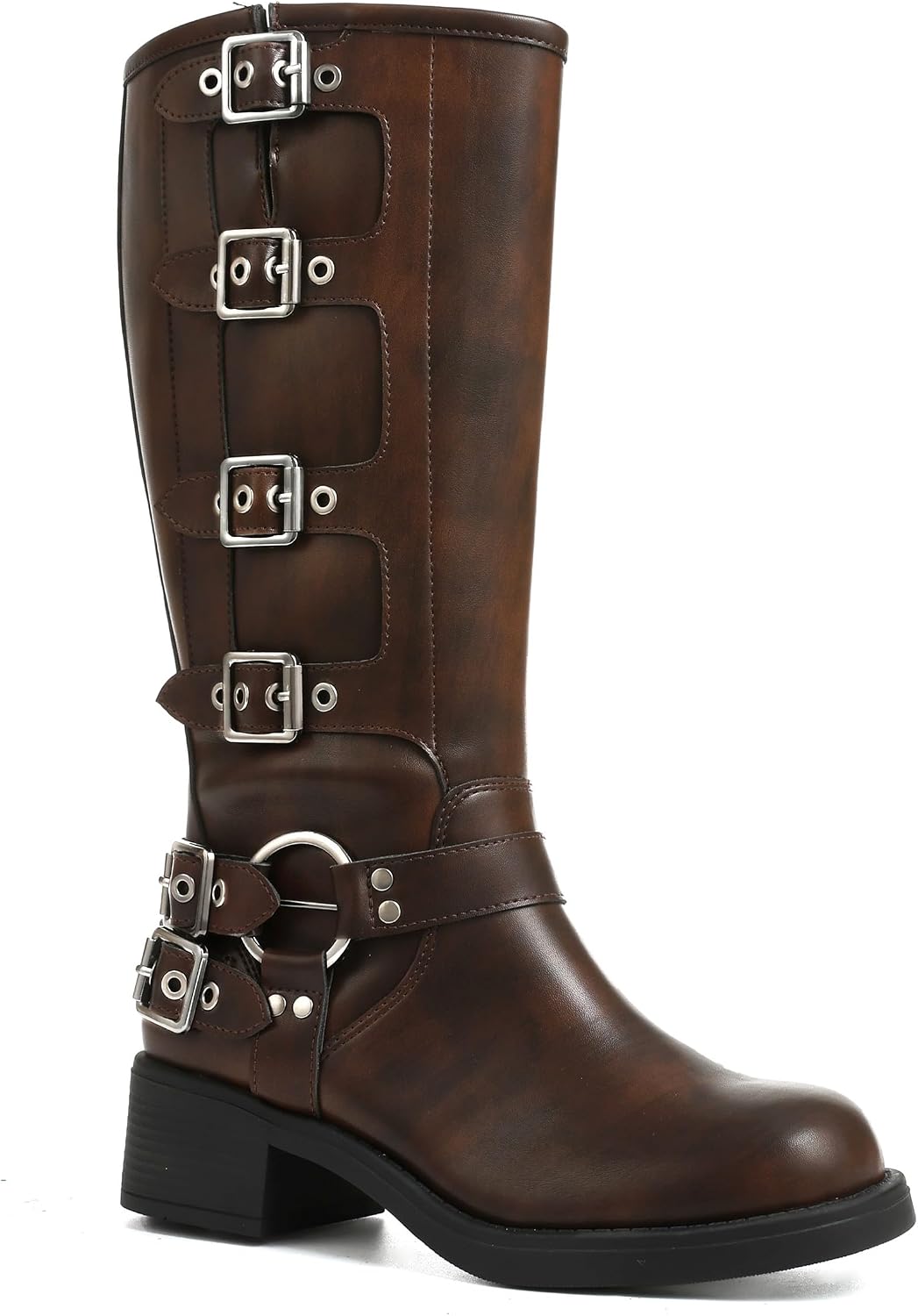Women's Buckle Moto Knee High Boots - Square Toe, Pull On Tall Shafts and Chunky Low Heel for Fall Outfits - 6