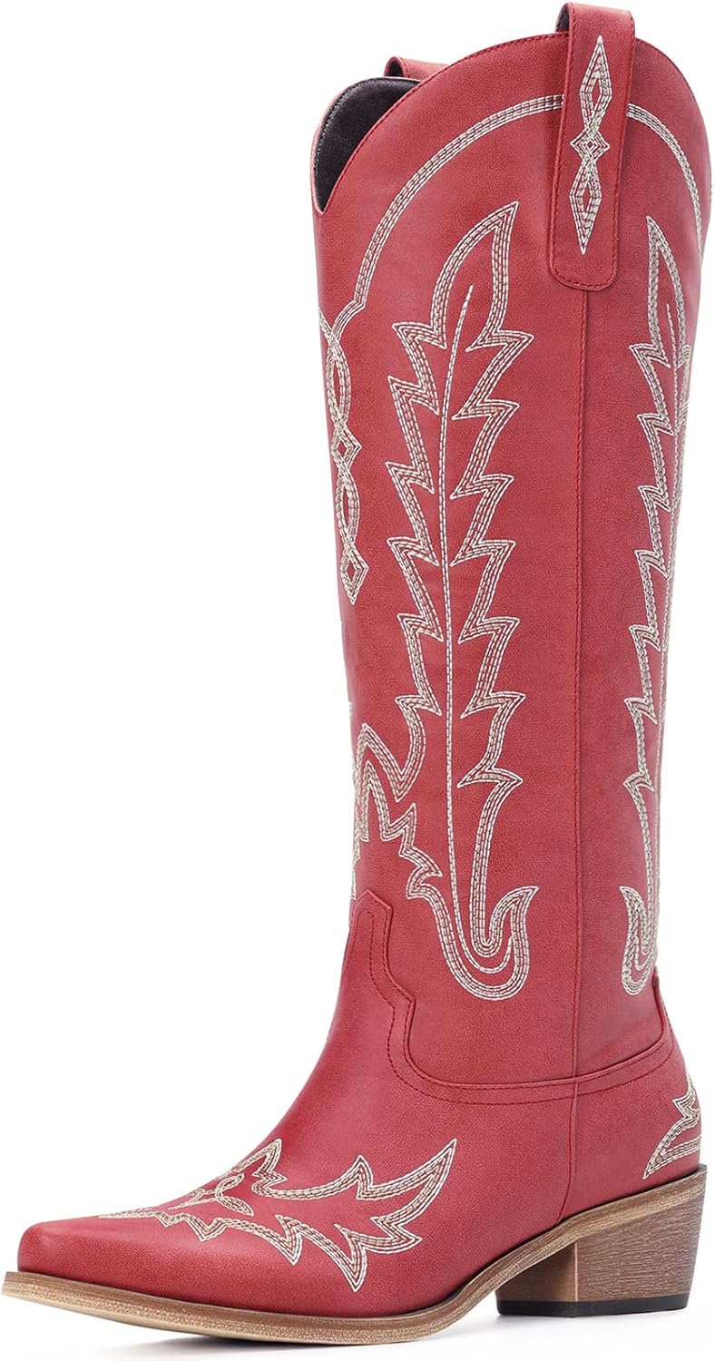 Women's Knee High Cowgirl Boots - Pointed Toe, Chunky Heel and Side Zipper Tall Shafts for Country Events - 6