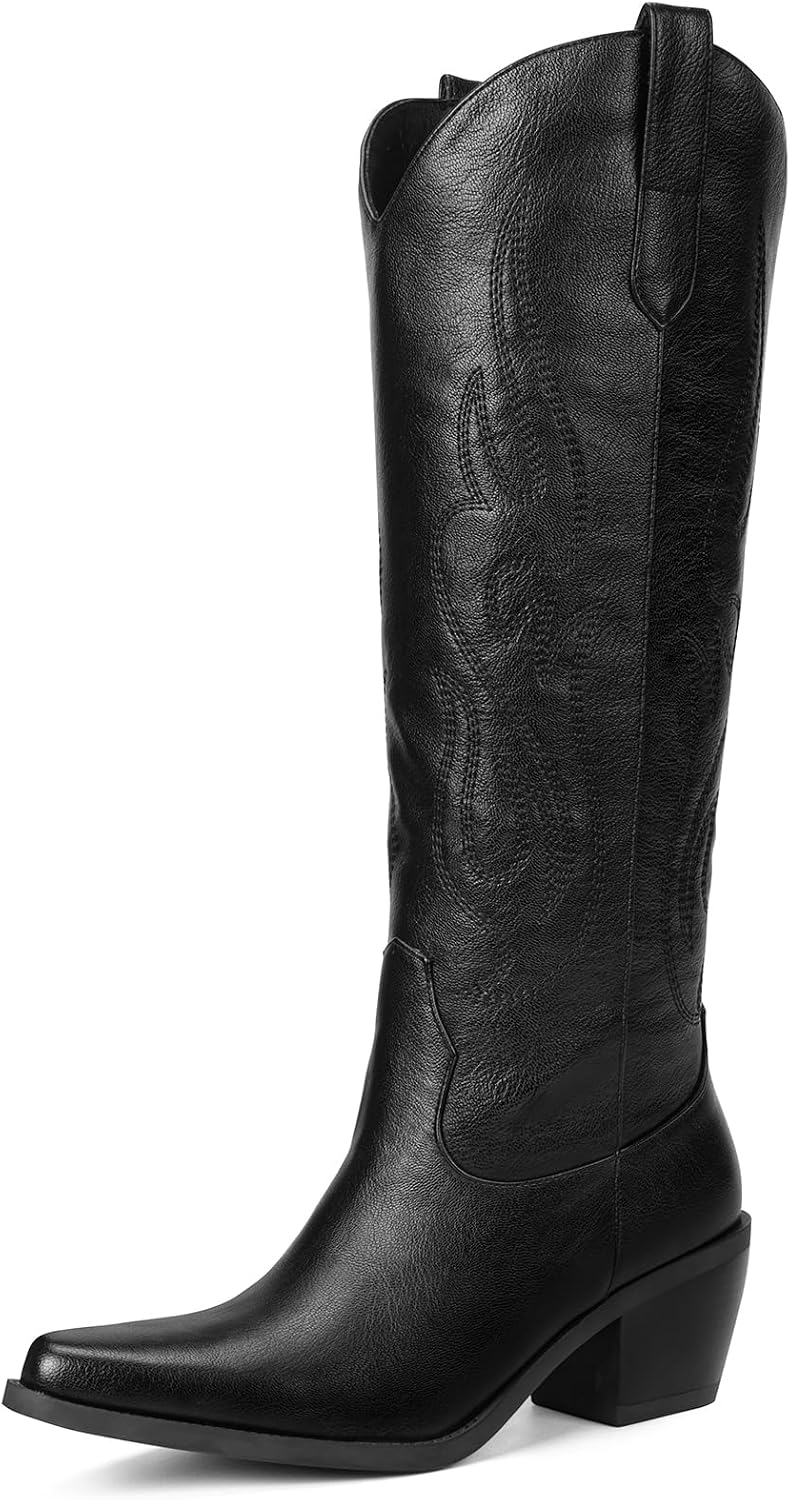 Women's Knee High Cowgirl Boots - Wide Calf, Pointed Toe and Chunky Heel Pull On Tall Boots for Parties - 8