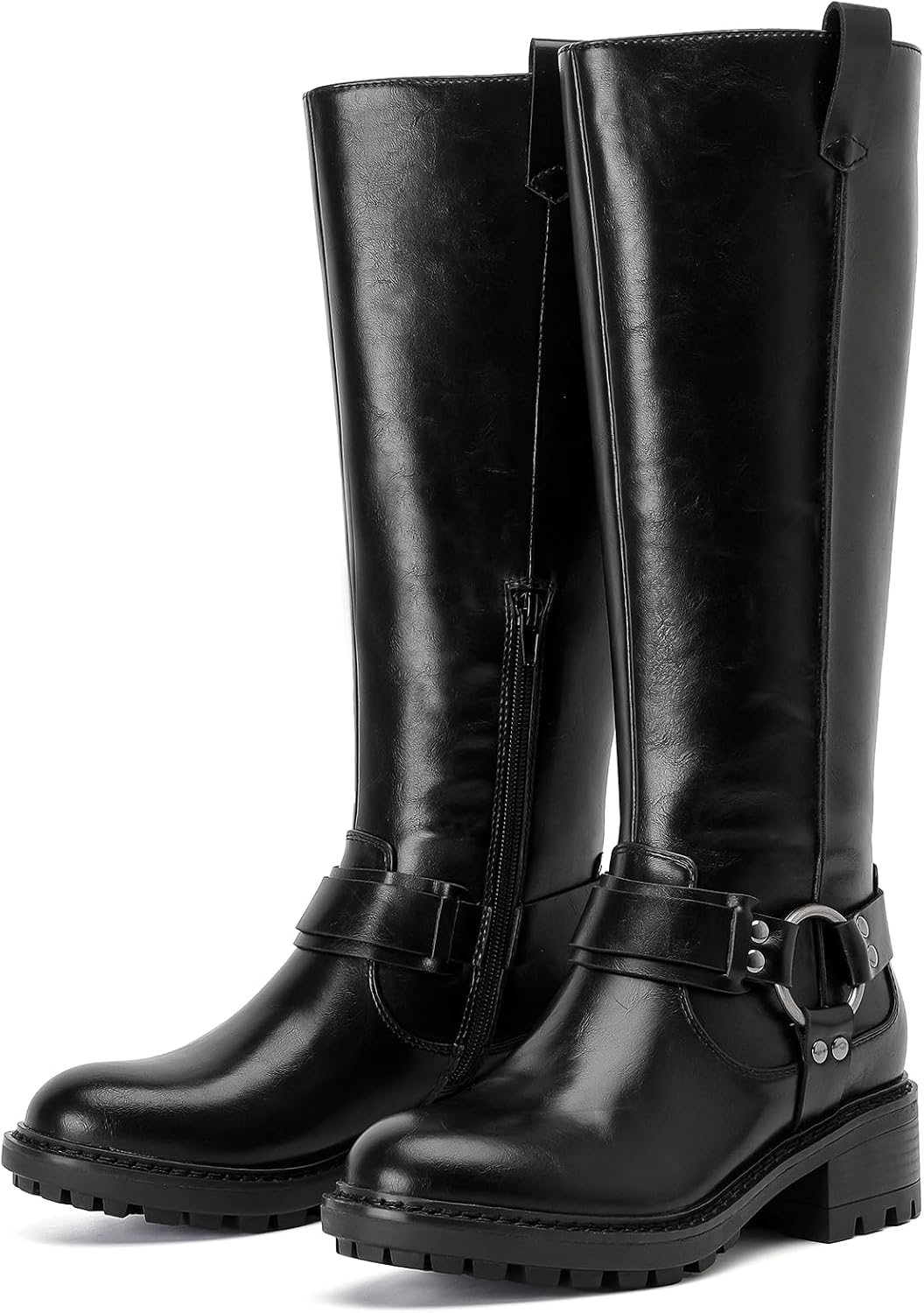 Women's Faux Leather Knee High Riding Boots - Round Toe, Side Zipper and Flat Sole for Daily Wear - 6