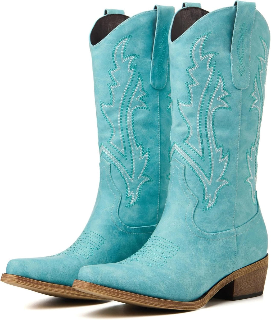 Women's Embroidered Cowgirl Boots - Mid Calf Shafts with Chunky Heel for Country Festivals and Daily Wear - 7