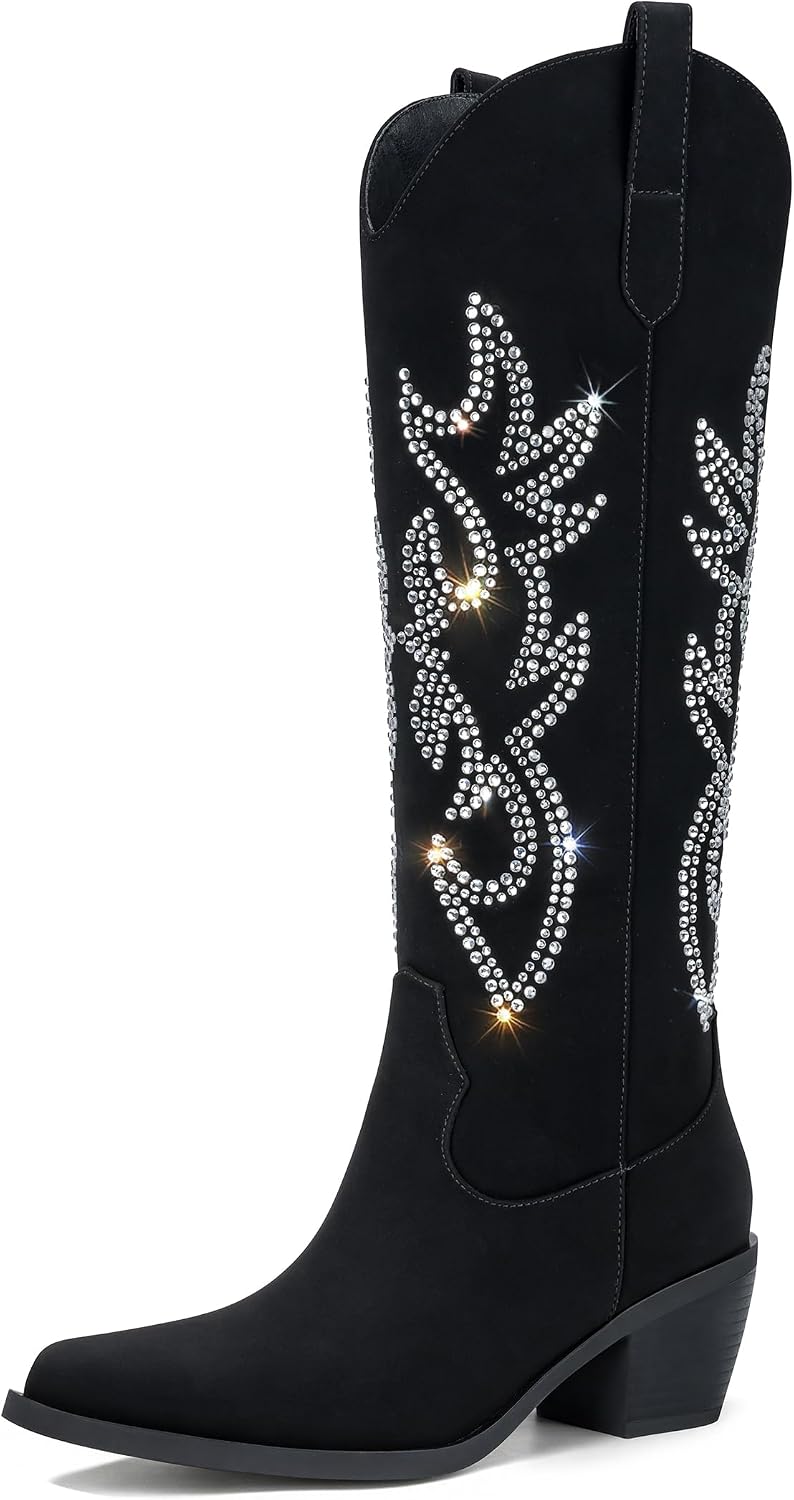 Women's Knee High Cowgirl Boots - Wide Calf, Pointed Toe and Chunky Heel Pull On Tall Boots for Parties - 8