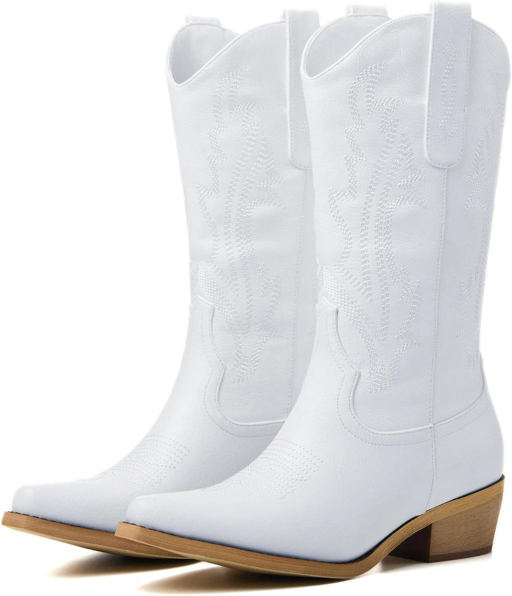 Women's Embroidered Cowgirl Boots - Mid Calf Shafts with Chunky Heel for Country Festivals and Daily Wear - 7
