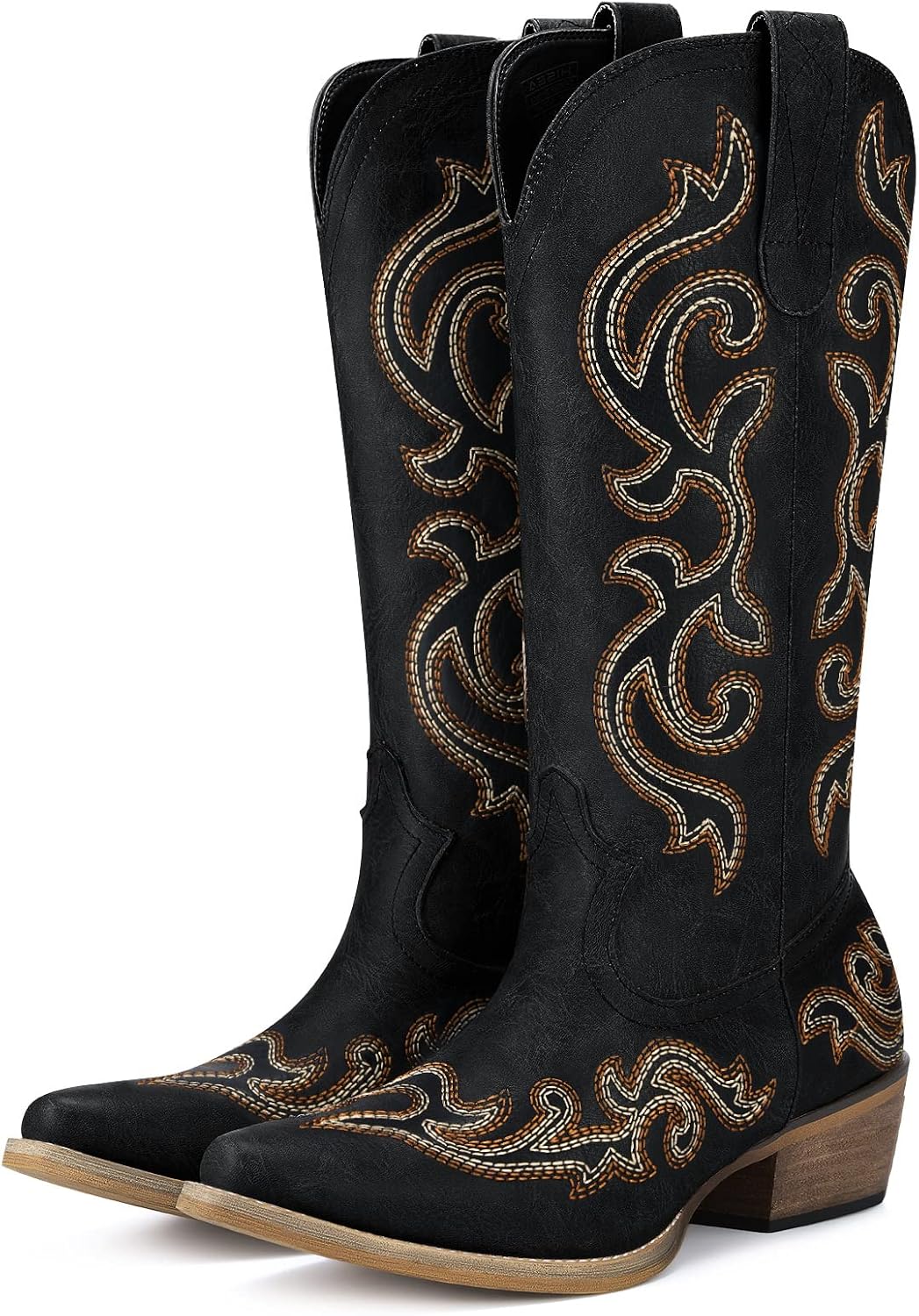 Women's Floral Embroidered Cowgirl Boots - Snip Toe, Wooden Chunky Heel and Pull Up Tabs for Western Nights - 7