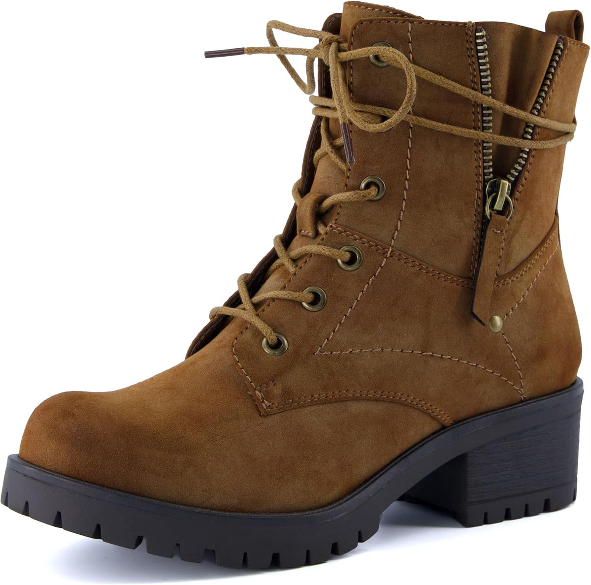Women's Heeled Combat Boots - Faux Fur Lined, Memory Foam Insoles and Side Zipper in Vegan Nubuck Leather - 6
