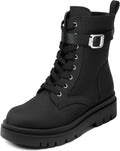 Women's Combat Platform Ankle Booties - Lace Up Front, Buckle Strap and Lug Sole for Casual Fall Days - 10