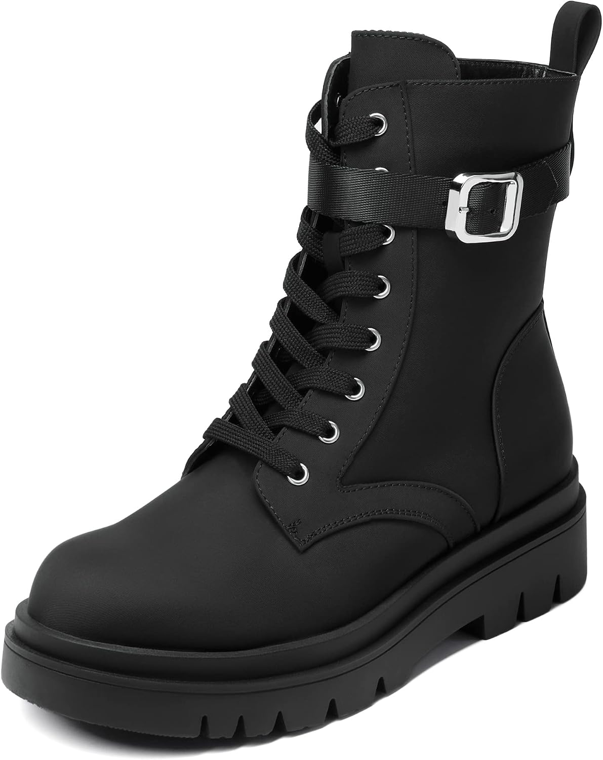 Women's Combat Platform Ankle Booties - Lace Up Front, Buckle Strap and Lug Sole for Casual Fall Days - 10