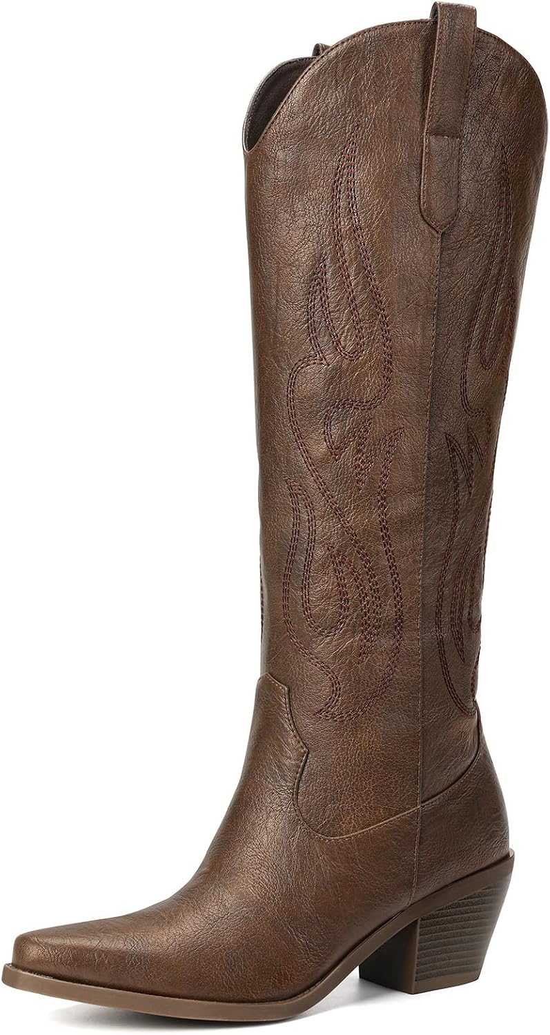 Women's Knee High Cowgirl Boots - Wide Calf, Pointed Toe and Chunky Heel Pull On Tall Boots for Parties - 8
