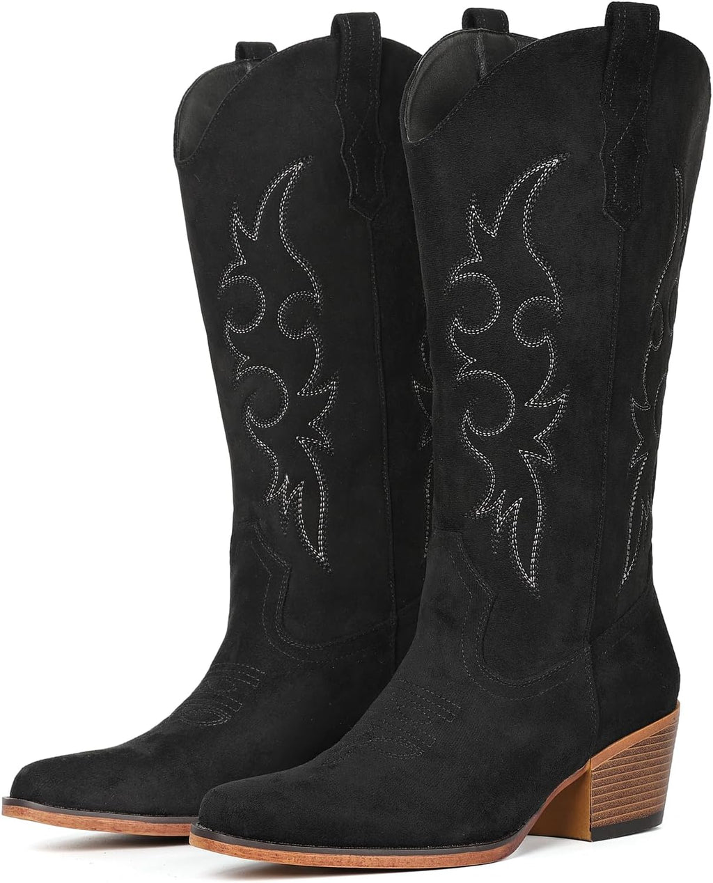 Women's Embroidered Western Boots - Mid Calf Snip Toe, Chunky Heel and Easy Pull On Shafts for Rodeo Weekends - 9