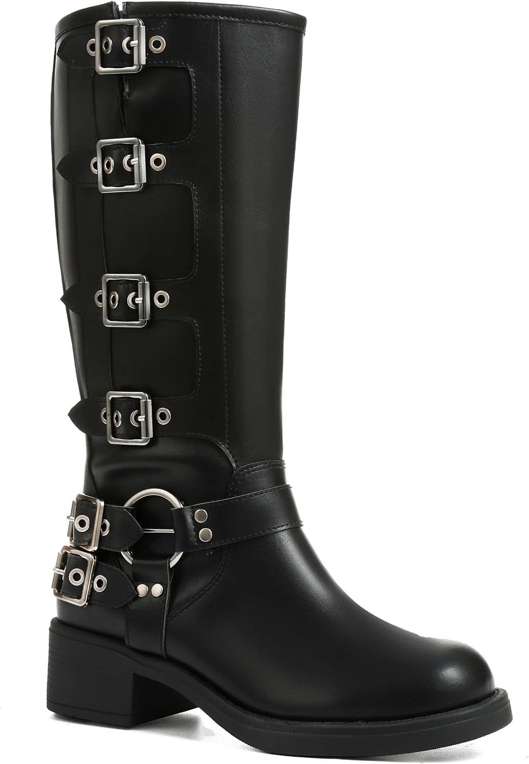 Women's Buckle Moto Knee High Boots - Square Toe, Pull On Tall Shafts and Chunky Low Heel for Fall Outfits - 7