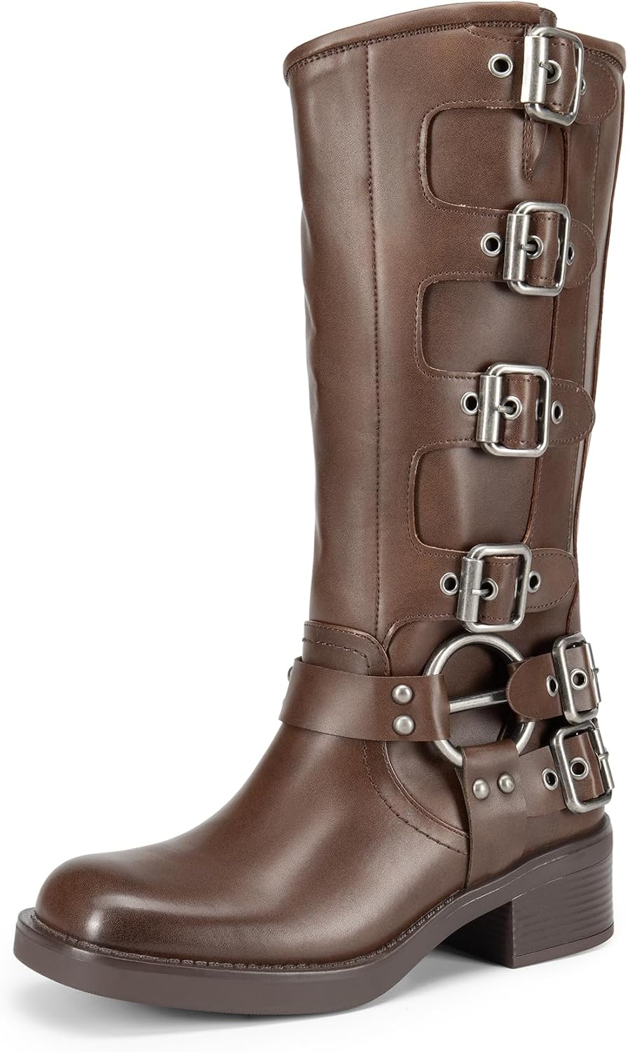 Women's Biker Knee High Boots - Adjustable Buckles, Square Toe and Low Chunky Heel Tall Shafts for Daily Wear - 6