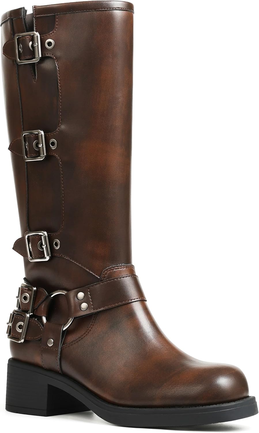 Women's Buckle Moto Knee High Boots - Square Toe, Pull On Tall Shafts and Chunky Low Heel for Fall Outfits - 6