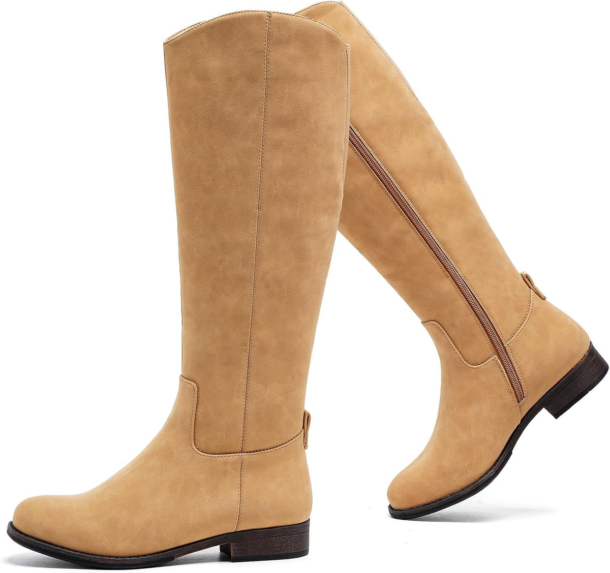 Women's Faux Leather Knee High Riding Boots - Round Toe, Side Zipper and Flat Sole for Daily Wear - 6