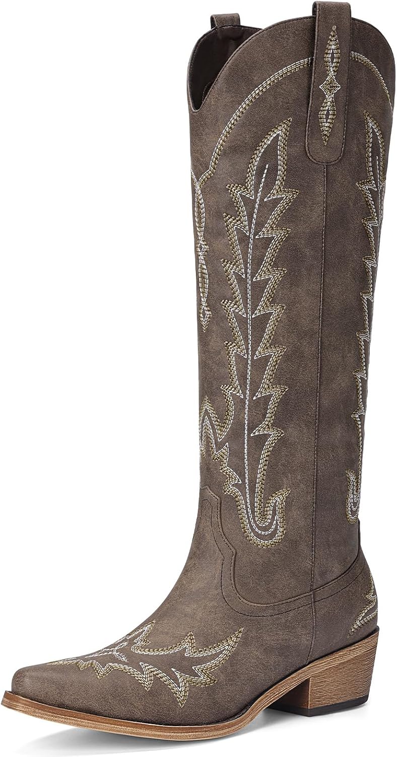 Women's Knee High Cowgirl Boots - Pointed Toe, Chunky Heel and Side Zipper Tall Shafts for Country Events - 6