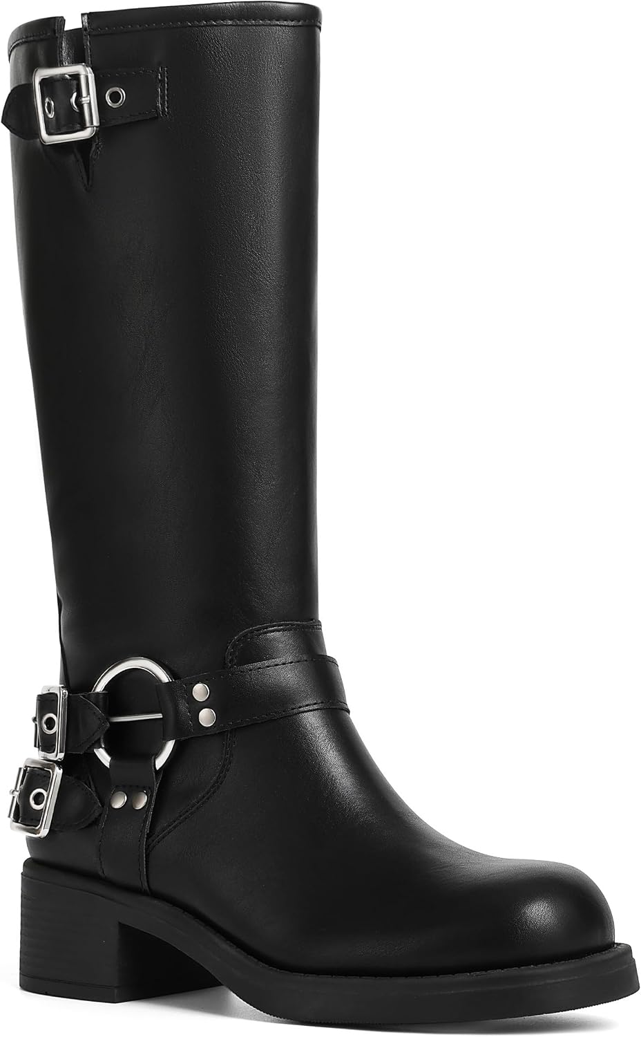 Women's Buckle Moto Knee High Boots - Square Toe, Pull On Tall Shafts and Chunky Low Heel for Fall Outfits - 6