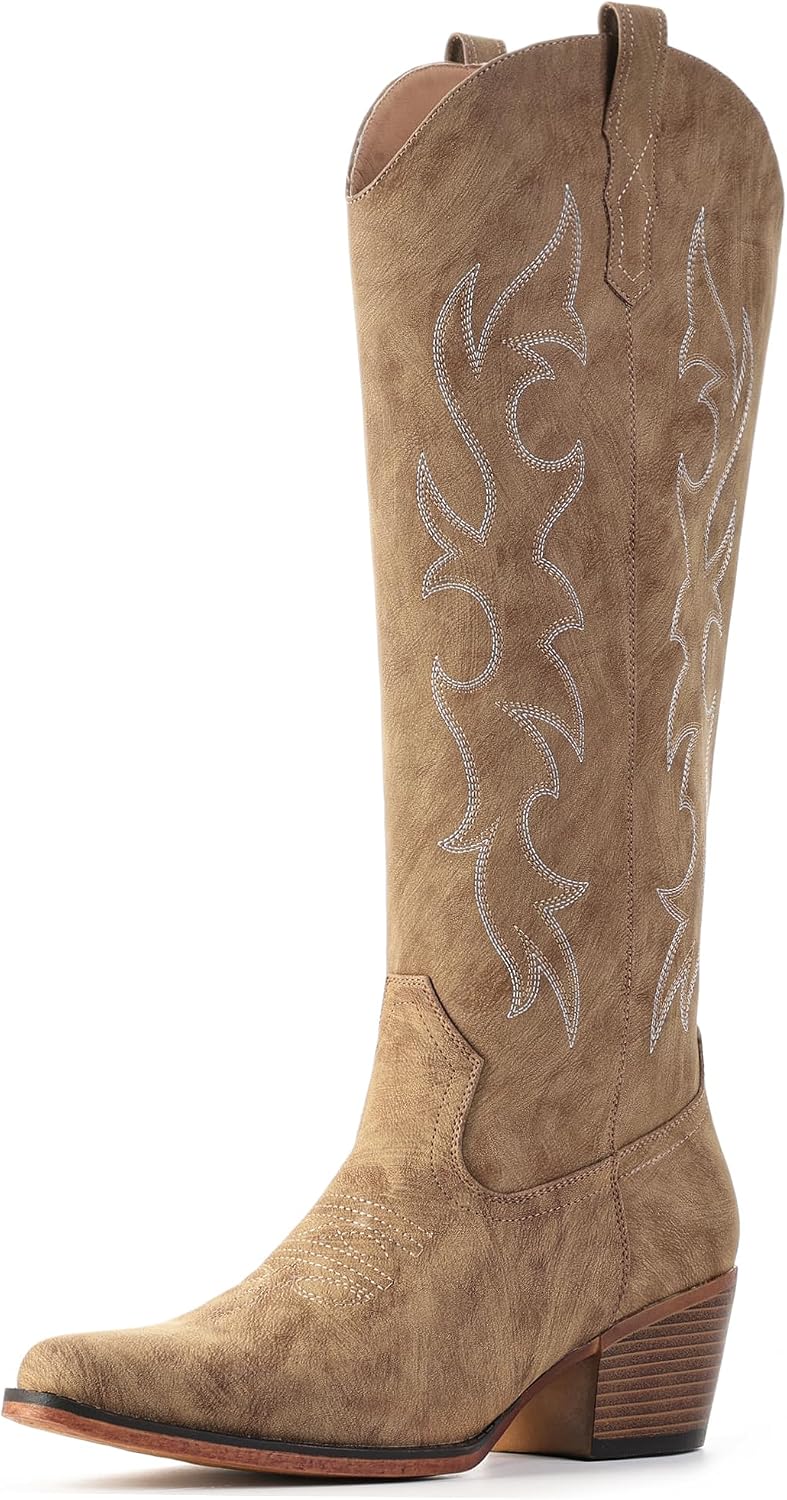 Women's Embroidered Knee High Cowgirl Boots - Wide Calf, Pointed Toe and Chunky Heel for Concerts and Parties - 10