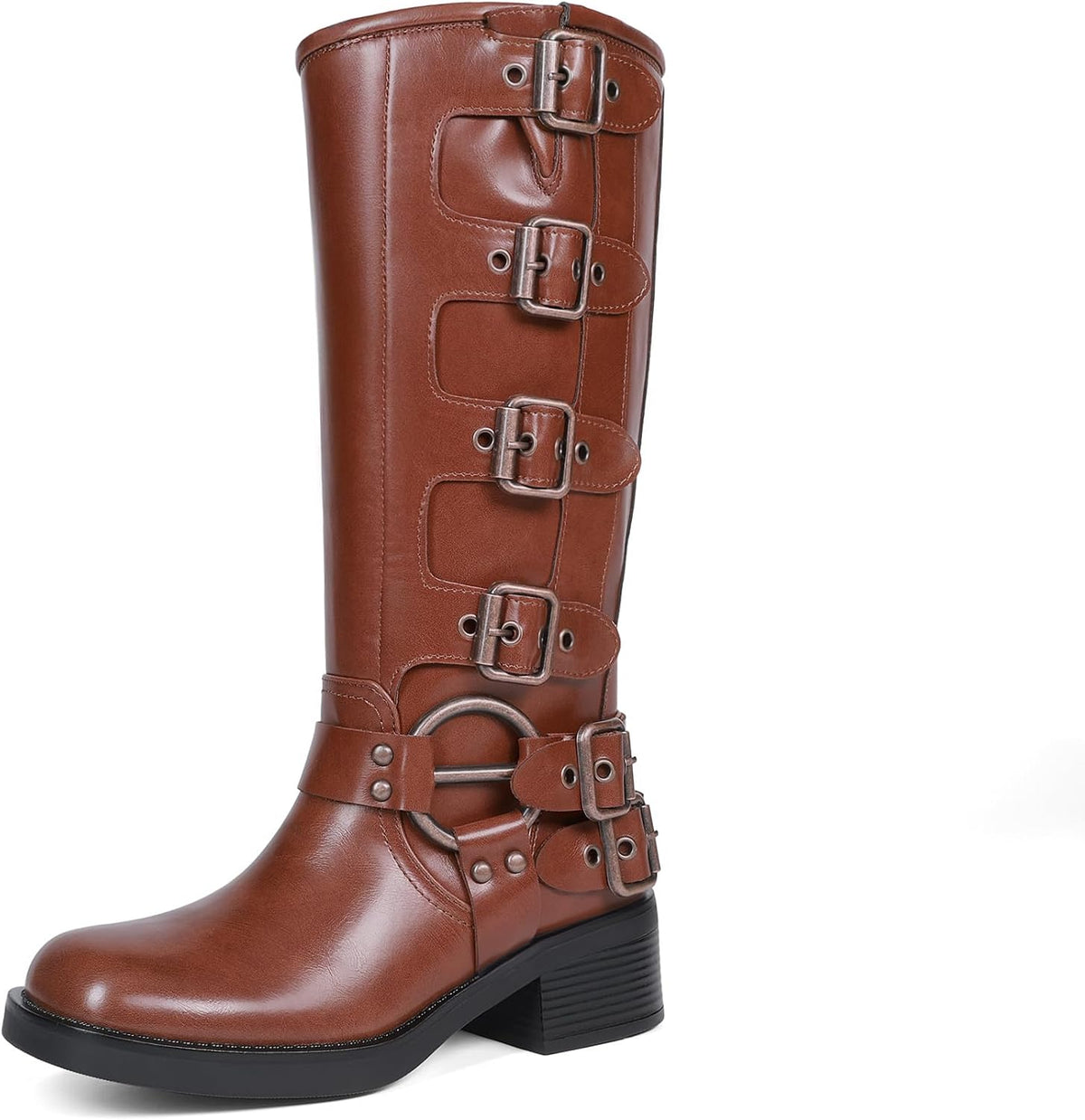 Women's Biker Knee High Boots - Adjustable Buckles, Square Toe and Low Chunky Heel Tall Shafts for Daily Wear - 6 (2)