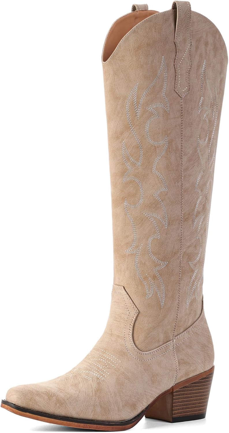 Women's Embroidered Knee High Cowgirl Boots - Wide Calf, Pointed Toe and Chunky Heel for Concerts and Parties - 10