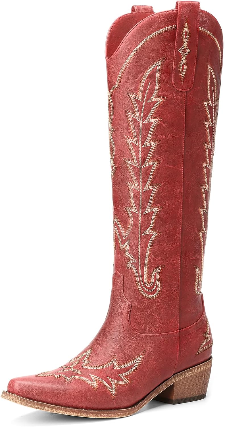 Women's Knee High Cowgirl Boots - Pointed Toe, Chunky Heel and Side Zipper Tall Shafts for Country Events - 6