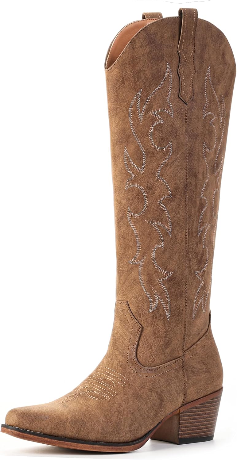 Women's Embroidered Knee High Cowgirl Boots - Wide Calf, Pointed Toe and Chunky Heel for Concerts and Parties - 10