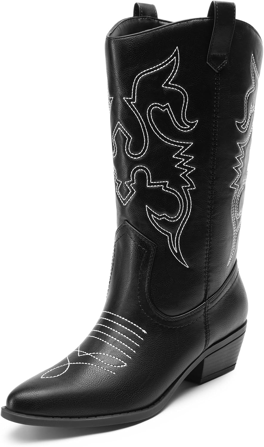 Women's Cowgirl Western Boots - Mid Calf Shafts, Pointed Toe and Low Chunky Heel for Country Music Festivals - 8