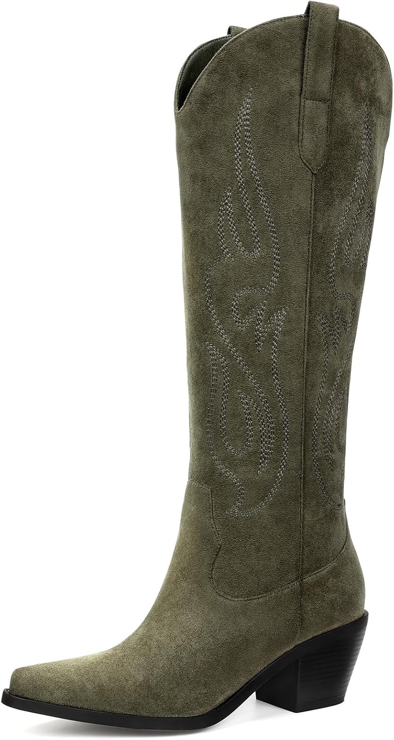 Women's Knee High Cowgirl Boots - Wide Calf, Pointed Toe and Chunky Heel Pull On Tall Boots for Parties - 8 Wide