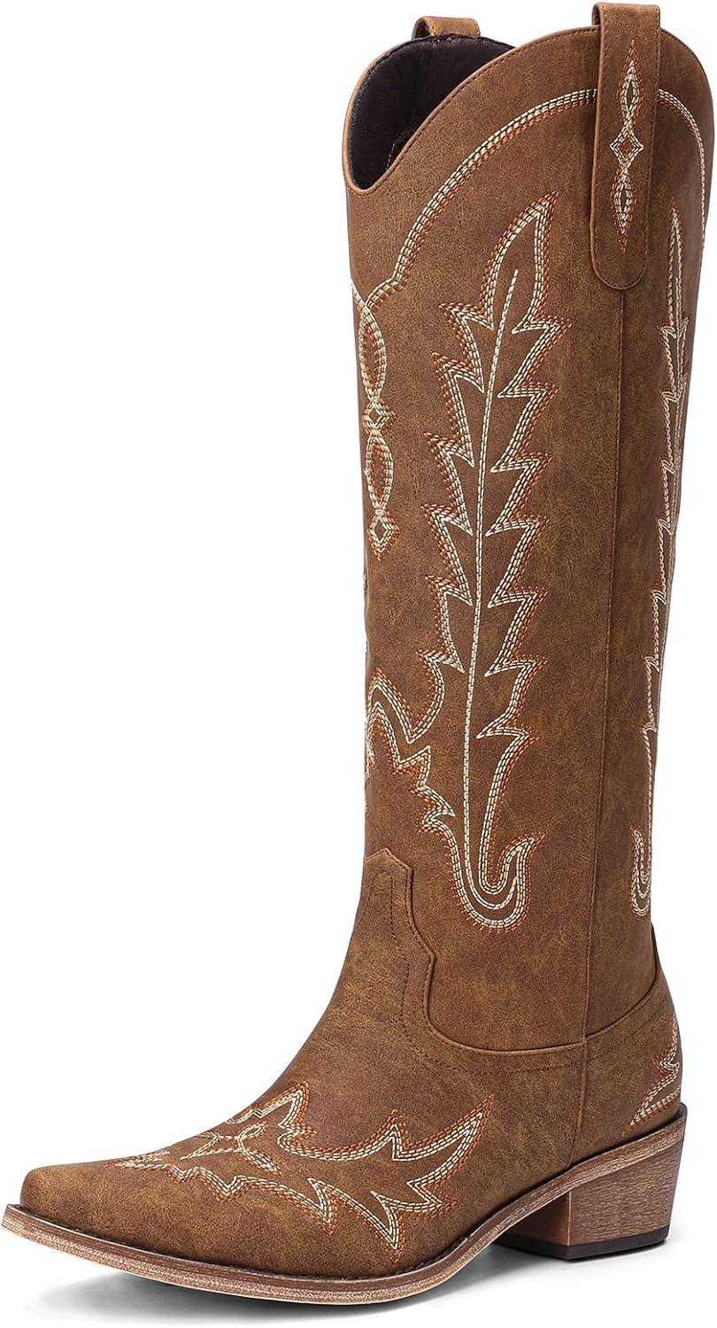 Women's Knee High Cowgirl Boots - Pointed Toe, Chunky Heel and Side Zipper Tall Shafts for Country Events - 6