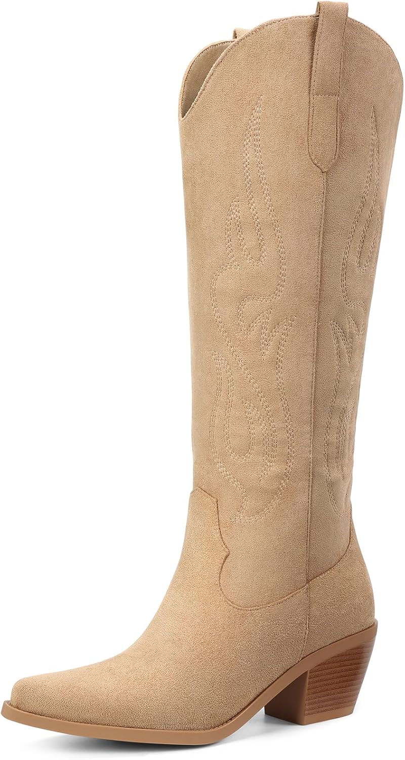 Women's Knee High Cowgirl Boots - Wide Calf, Pointed Toe and Chunky Heel Pull On Tall Boots for Parties - 8 Wide