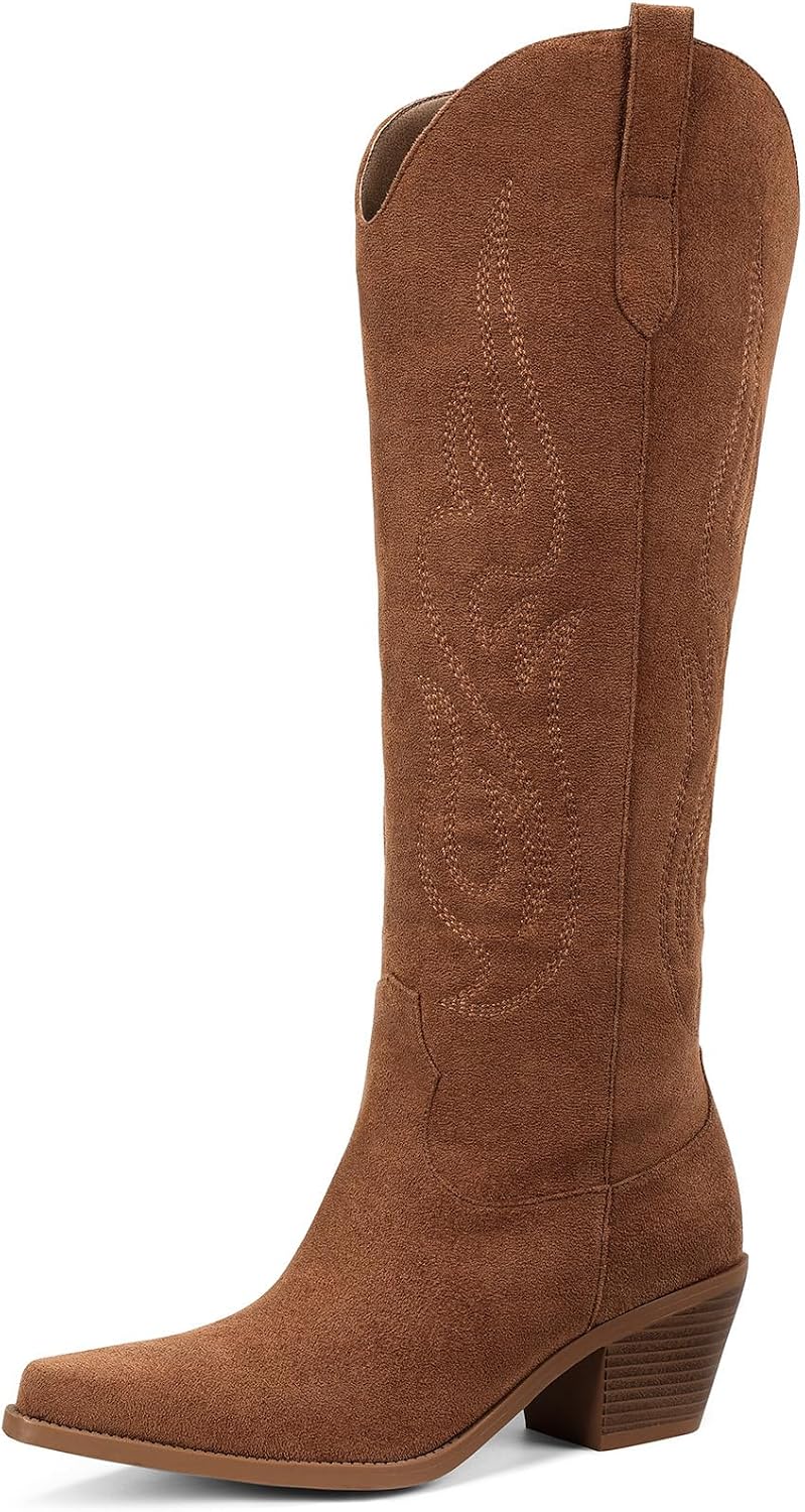 Women's Knee High Cowgirl Boots - Wide Calf, Pointed Toe and Chunky Heel Pull On Tall Boots for Parties - 8 Wide