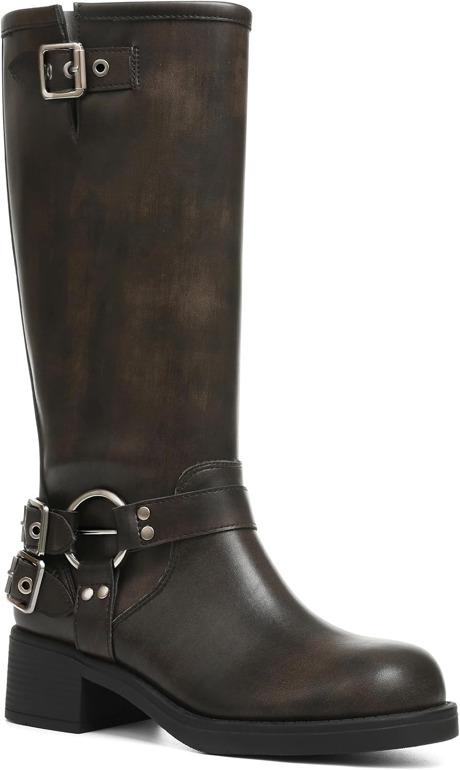 Women's Buckle Moto Knee High Boots - Square Toe, Pull On Tall Shafts and Chunky Low Heel for Fall Outfits - 6 (3)